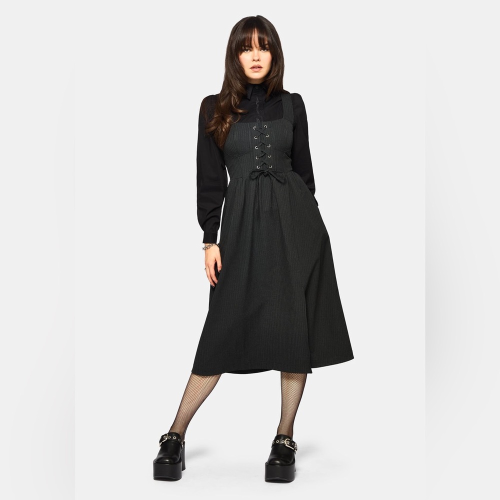 Gloom Lace Up Front Corset Detail Pinstripe Midi Dress - size US 12/ UK 16